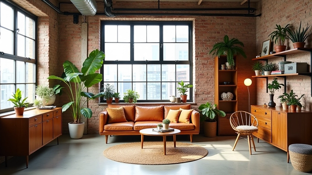 Industrial loft space with vintage furniture arrangement