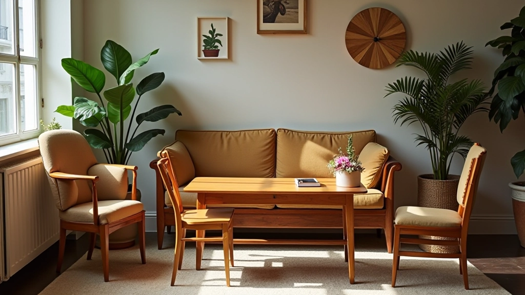 Vintage wooden furniture pieces arranged on display at an estate sale, showing chairs and side tables with clean lines