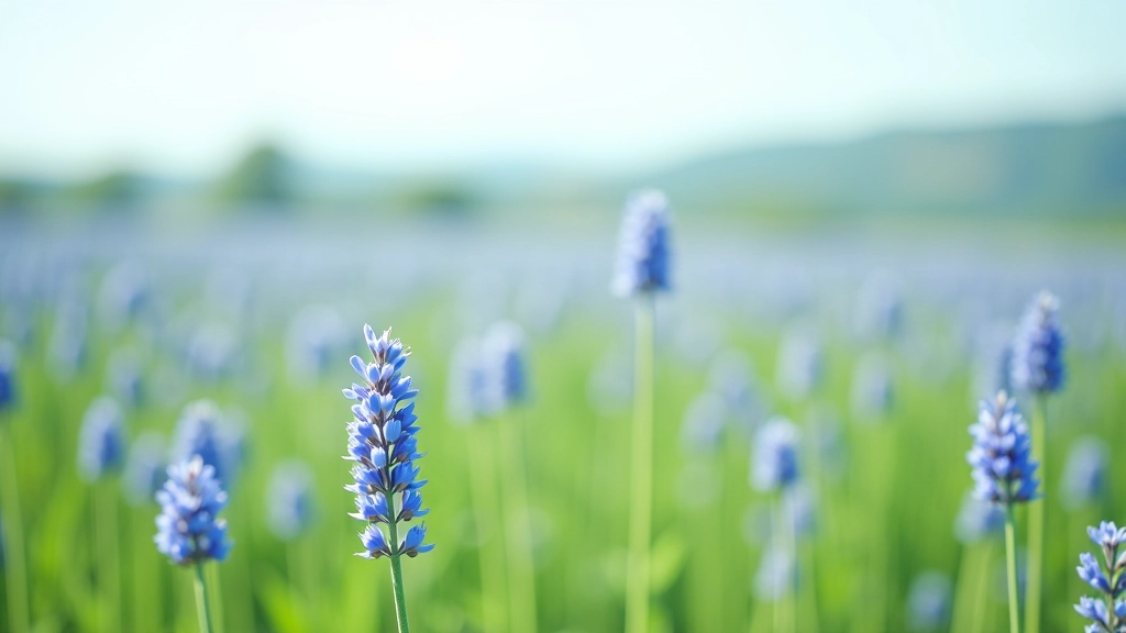Sustainable flax field in Europe with blooming blue flowers