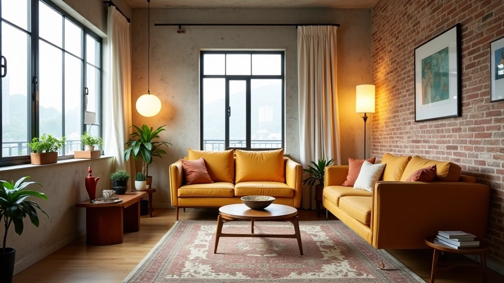Interior of a Hong Kong loft styled with vintage mid-century furniture, showing how pieces work together in a modern space
