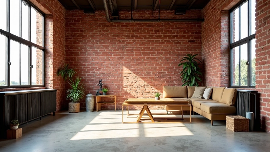 Exposed brick wall in industrial loft with large window, natural daylight streaming in, concrete floor visible