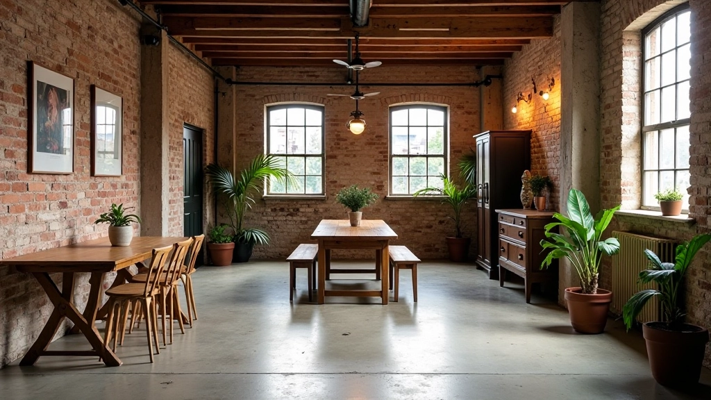 Industrial loft space with exposed brick, concrete floors, and vintage wooden furniture creating warm ambiance