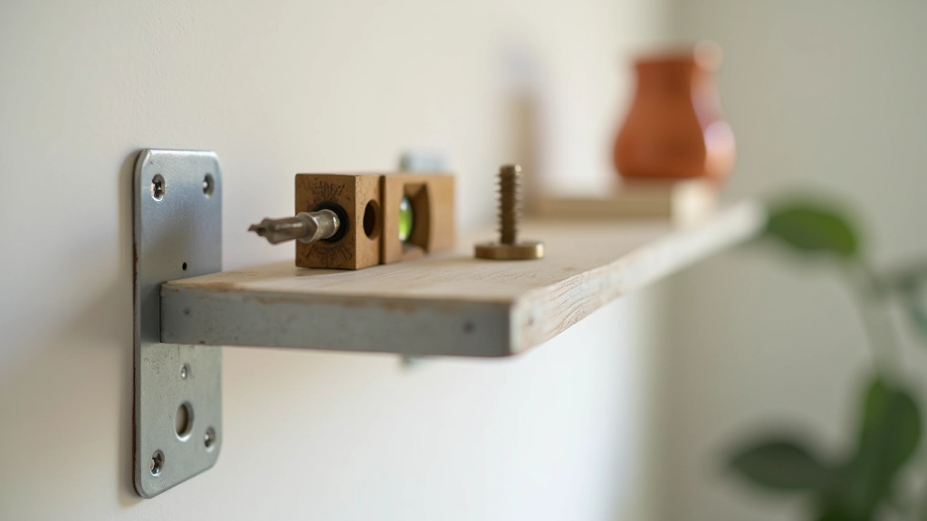 Close-up of heavy-duty floating shelf bracket mounted into wall stud with level tool