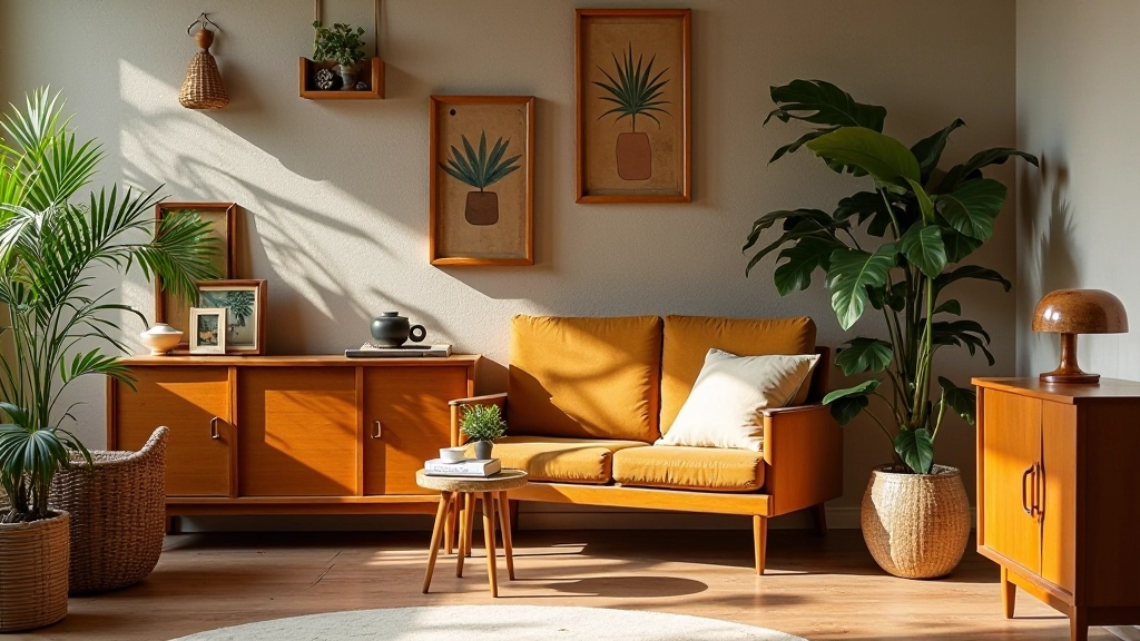 Mid-century wooden furniture displayed at an estate sale
