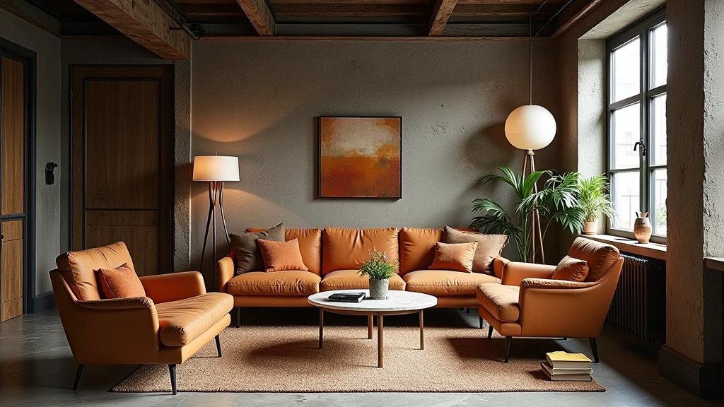 Modern loft interior combining industrial elements with vintage furniture and warm textile accents