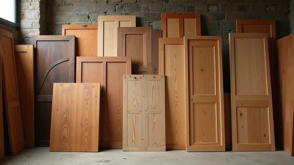 Selection of reclaimed wooden doors in various wood tones stacked at salvage yard