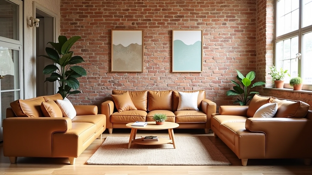 Beautifully restored vintage furniture in a bright, modern loft space with exposed brick walls and large windows