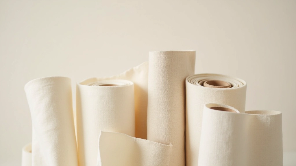 Rolled linen fabric swatches in natural beige and cream colors, soft lighting