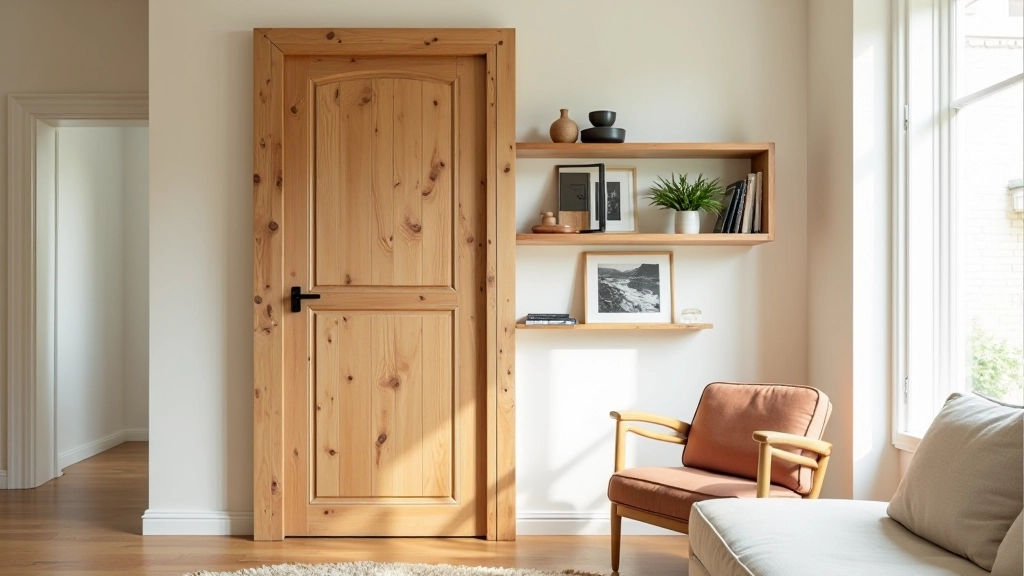 Salvaged wooden door transformed into wall-mounted shelving unit in a modern interior space