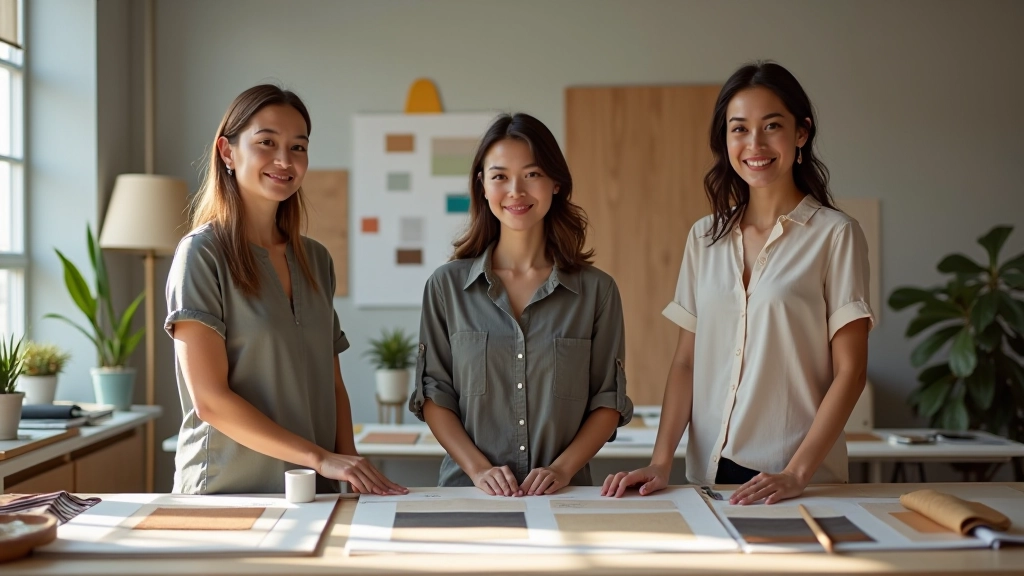 Interior design team members in professional workspace with mood boards and fabric samples
