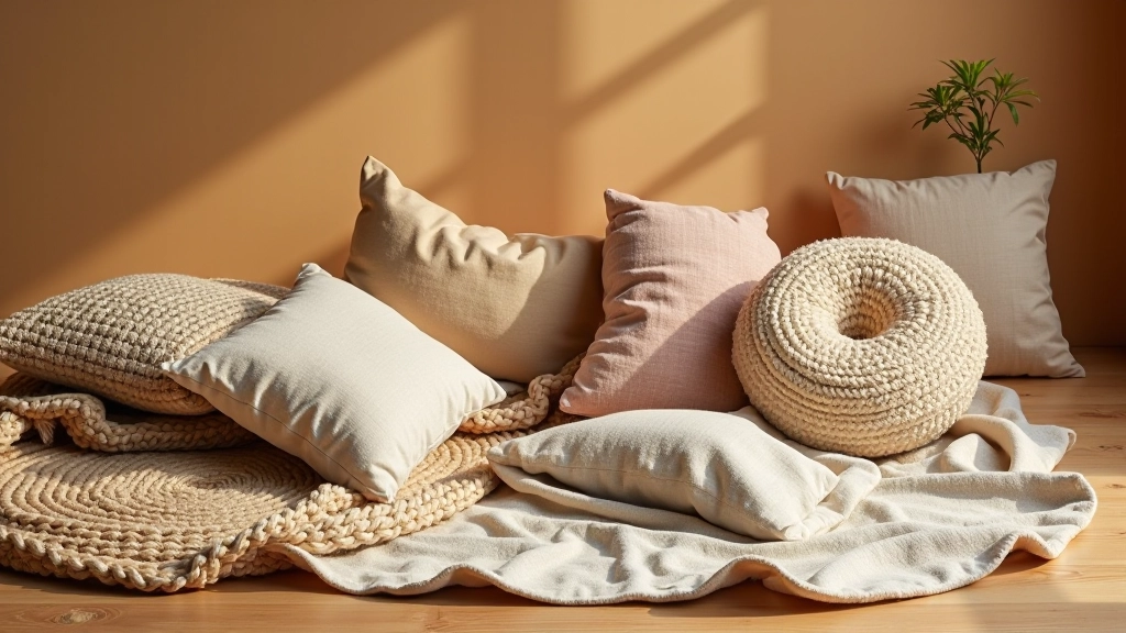 Close-up of layered vintage textiles including woven rugs, throws, and cushions in warm earth tones